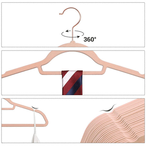 Rootz Clothes Hangers - 50 Pieces - Velvet - Anti-Slip - Space Saving - Pink - Gold - 45 x 0.6 x 23.5 cm