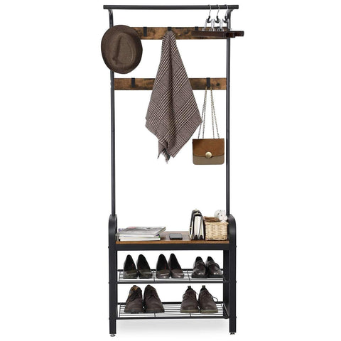 Rootz Standing Wardrobe Rack with Coat Rack - Shoe Rack and Bench - Vintage Industrial - Coat Racks - Brown / Black - 72 x 33.7 x 183 cm