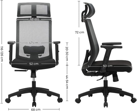 Rootz Office chair - Swivel chair - Mesh - Lumbar support - Headrest - Armrests - Cattle function - Black - Plastic - Steel - 65 x 53 x (116 - 126) cm