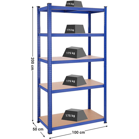 Rootz Shelving Unit - Workshop - Adjustable - Black/Blue - Metal - MDF - 200 x 100 x 50 cm