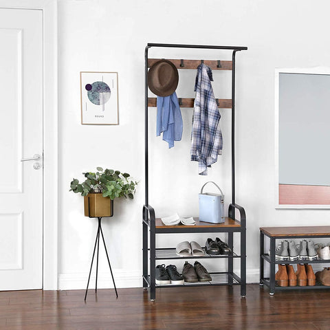 Rootz Standing Wardrobe Rack with Coat Rack - Shoe Rack and Bench - Vintage Industrial - Coat Racks - Brown / Black - 72 x 33.7 x 183 cm