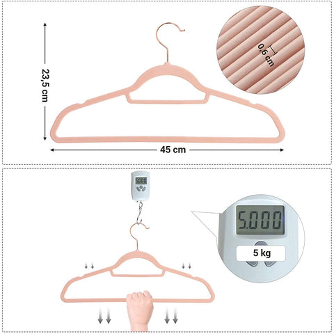 Rootz Clothes Hangers - 50 Pieces - Velvet - Anti-Slip - Space Saving - Pink - Gold - 45 x 0.6 x 23.5 cm
