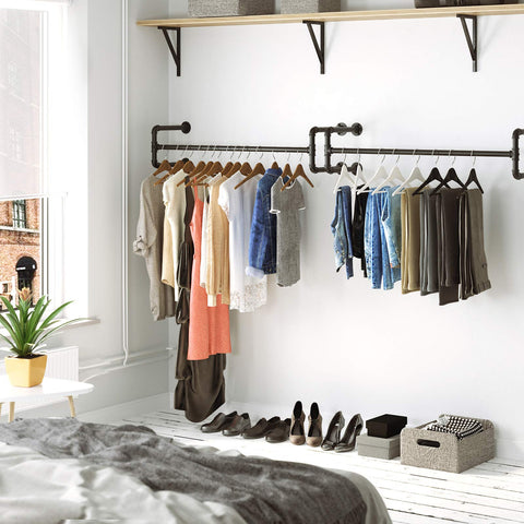 Rootz Wall Mounted Clothes Rack - Set of 2 - Industrial Pipe Clothes Hanging Bar - Black - 110 x 30 x 29.3 cm