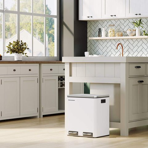 Rootz Trash Can - 30 L - Pedal Bin - Inner Bin - 2x 15 L - Metal - White - Waste Separation - Soft Close - Airtight - 41 x 36 x (47-73.5) cm