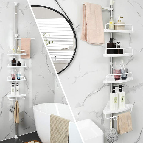Rootz Shower Rack - Shower Shelf - Bathroom Shelf - Adjustable Height - Corner - 95-300 cm - Stainless Steel - 4 Levels - 3 Hooks - White-Silver