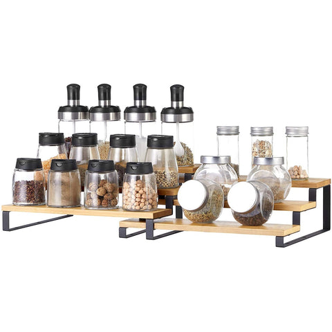 Rootz Kitchen Rack - Spice Rack - Set Of 2 - Three Shelves - Bamboo - Extendable - Stackable - Worktop
