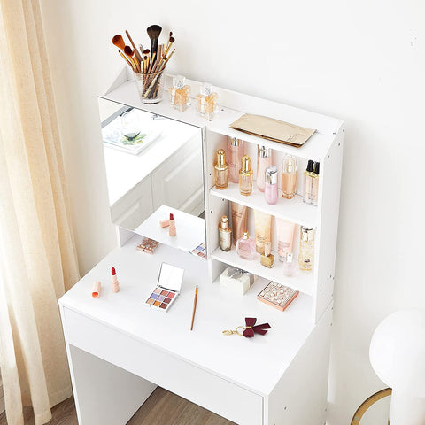 Rootz Dressing Table - Cosmetic Table - Open Compartments - Mirror - 1 Drawer - Adjustable Shelves - White - Processed Wood - 70 x 40 x 136 cm