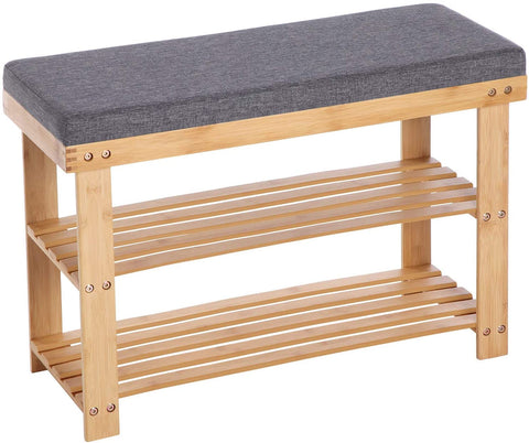 Rootz Shoe Bench - Shoe Rack - Bamboo - 2 Shelves - Seat - Gray - Natural - 71 x 29 x 49 cm