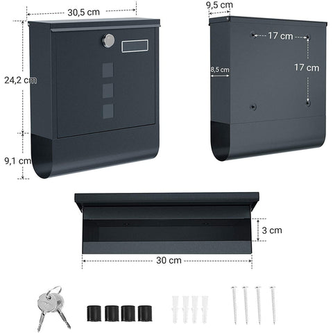 Rootz Letterbox - Wall letterbox - Lock - Lid - Newspaper compartment - Nameplate holder - Lockable - Anthracite - 30.5 x 9.5 x 33.3 cm