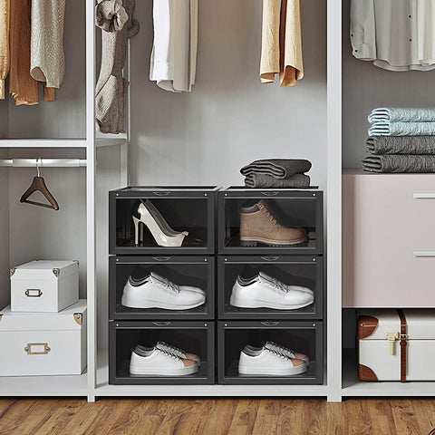 Rootz Shoe Box - Set of 6 - Stackable Shoe Organizer - Shoes up to size 46 - Black/Transparent - 36 x 28 x 22 cm