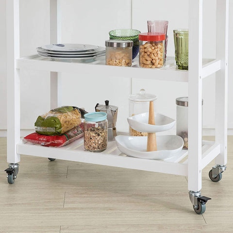Rootz Kitchen Storage Trolley Serving Trolley Kitchen Shelf with Rubber Wood Top 2 Drawers 2 Shelves