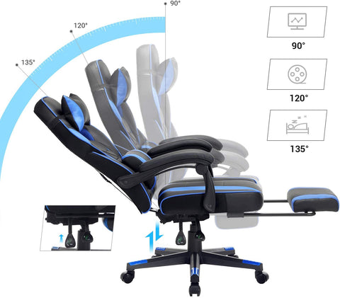 Rootz Office chair - Swivel chair - Leatherette - Footrest - Headrest - Lumbar cushion - Height Adjustable - Ergonomic - Black - Blue - 67 x 66 x (116-126) cm