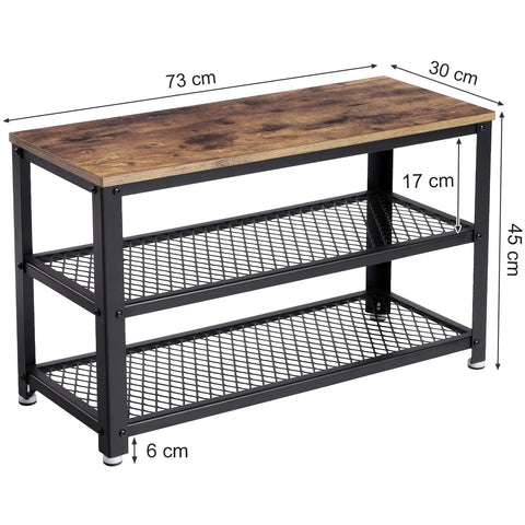 Rootz Shoe Rack - Storage Rack - 3 Layer - Industrial - Rustic Brown - 73 x 30 x 45 cm