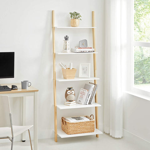Rootz Ladder Cabinet - Bookcase - Ladder Shelf - 5 Levels - 60 x 35 x 171 cm - Solid Wood Frame - Matt White - Natural