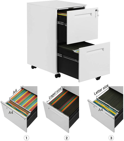 Rootz Drawer Unit - Filing Cabinet - On Wheels - 2 Drawers - Lock - White - Metal - 39 x 45 x 69.5 cm