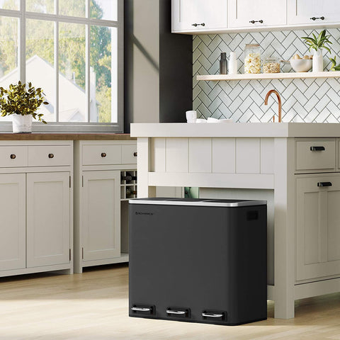 Rootz 54L Trash Can - Pedal Bin - Recycling - 3 Compartments - Soft-Close - Inner Bins - Carrying Handles - 61.5 x 31.5 x 56 cm - Black