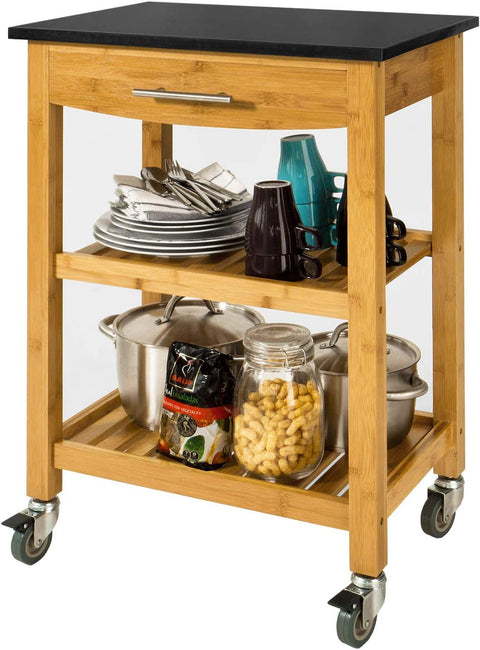 Rootz Bamboo Kitchen Trolley Cart - Kitchen Storage - Trolley Serving Trolley with Black Granite Countertop