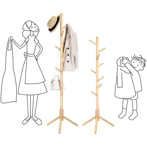 Rootz Coat Rack - Freestanding - Solid Wood - Tree Shaped - 8 Hooks - Natural Color - 47 x 47 x 175 cm