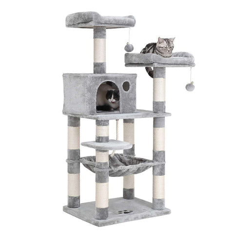 Rootz Cat Tree - Scratching Post - Climbing Tree for Cats - Cat Tower with Cave - Light Gray - 55 x 45 x 143 cm