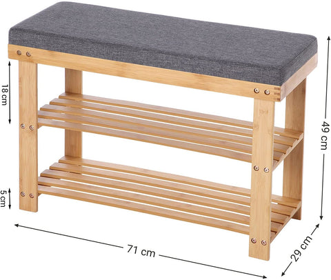 Rootz Shoe Bench - Shoe Rack - Bamboo - 2 Shelves - Seat - Gray - Natural - 71 x 29 x 49 cm