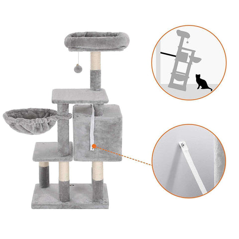 Rootz Multilevel Cat Tree - Cat Tower - Scratching Post - Climbing Tree for Cats - Light Gray - 50 x 40 x 110 cm