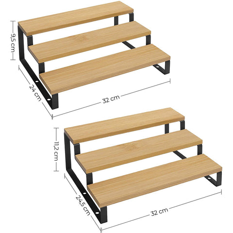 Rootz Kitchen Rack - Spice Rack - Set Of 2 - Three Shelves - Bamboo - Extendable - Stackable - Worktop