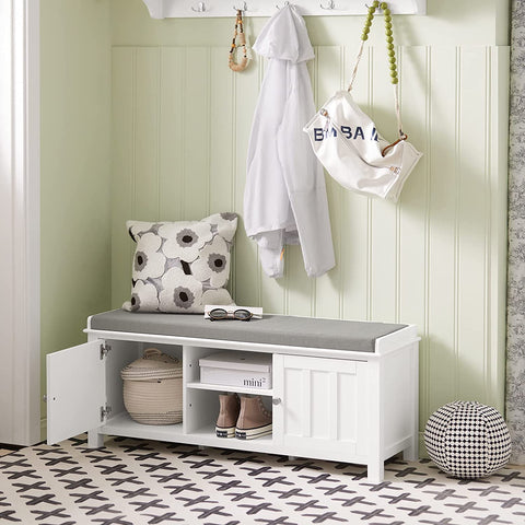 Rootz Shoe Storage Bench with 2 Doors & Removable Seat Cushion - Shoe Cabinet - White