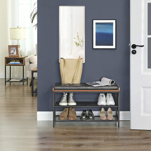 Rootz Shoe Rack - Padded Bench with Grid Shelf - Metal Construction