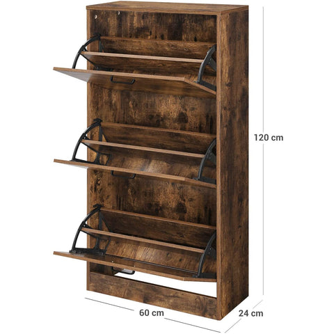 Rootz Shoe Cabinet - Organizer - 3 Hinged Doors - Brown - Processed Wood - 60 x 24 x 120 cm