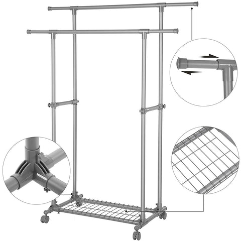 Rootz Clothes rack on wheels - Extendable coat rack with double rod - Mobile - Clothes racks - Max. load 70 kg - (87-150) x 52 x 166 cm - Grey