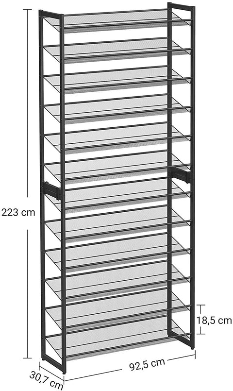 Rootz Shoe Rack - 12 Levels - 48-60 Pairs of Shoes - Metal - Adjustable Shelves - Black - 92.5 x 30.7 x 223 cm