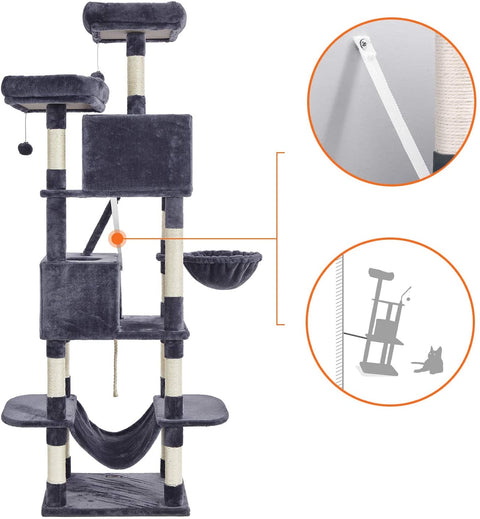 Rootz Scratching Post - Cat Tree - Hammock - Cave - Plush - Sisal - 7 Levels - Smoke Gray - 60 x 50 x 206 cm