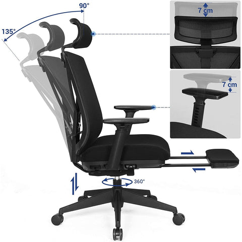 Rootz Office chair - Swivel chair - Headrest - Adjustable height - Rocker function - Lumbar support - Ergonomic - Black - Plastic - Mesh - 68.5 x 70 x (116-133) cm