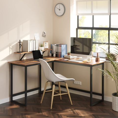 Rootz L-Shaped Desk with Screen Stand for Studying, Gaming, Working - Adjustable Legs - Metal Frame - Rustic Brown - (140 x 130 x 76/91.5 cm)
