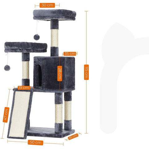 Rootz Scratching Post - Cat Tree - Cat Cave - 4 Levels - Smoke Gray - Beige - Plush - Sisal - 50 x 35 x 115 cm