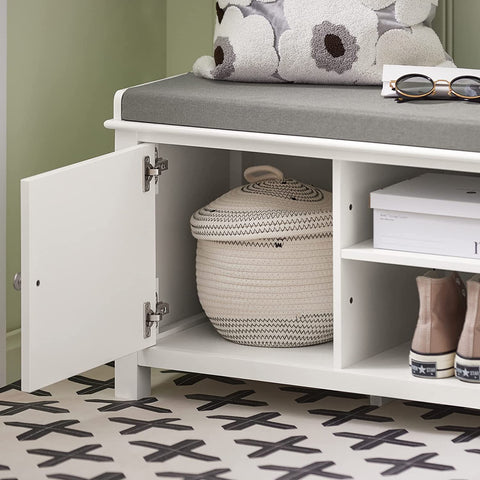 Rootz Shoe Storage Bench with 2 Doors & Removable Seat Cushion - Shoe Cabinet - White
