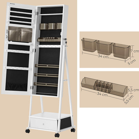 Rootz Jewelry Mirror - Mirror Cabinet - Jewelry Organizer - Drawer - On Wheels - White - MDF - 37 x 10 x 108.5 cm
