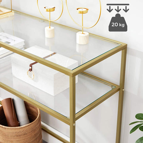 Rootz Console Table - Side Table - 2 Levels - Tempered Glass - Metal Frame - Adjustable Legs - Gold - 100 x 35 x 80 cm