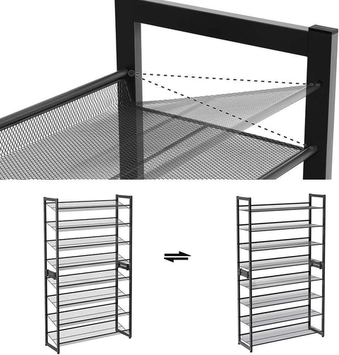 Rootz Shoe rack with 8 levels - Set of 2 stackable 4-tier shoe organizers - Metal shoe storage with adjustable mesh shelves - Black