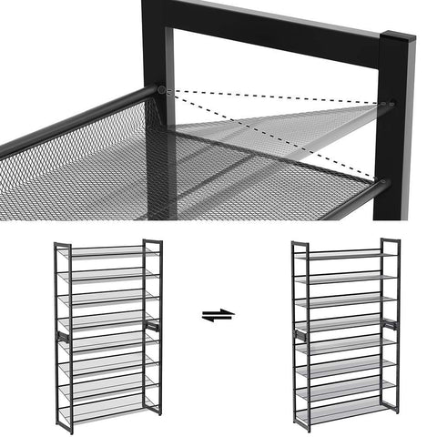 Rootz Shoe rack with 8 levels - Set of 2 stackable 4-tier shoe organizers - Metal shoe storage with adjustable mesh shelves - Black