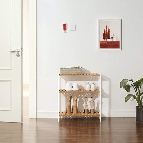 Rootz Shoe Rack - Shoe Shelf - Bamboo - Rack - 3 Levels - White - Beige - 60 x 26 x 66 cm