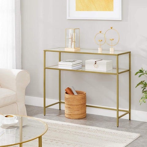 Rootz Console Table - Side Table - 2 Levels - Tempered Glass - Metal Frame - Adjustable Legs - Gold - 100 x 35 x 80 cm