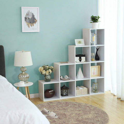 Rootz Bookcase - Stairs with 10 Cube Compartments - Wooden Display Shelf - Room Divider - White