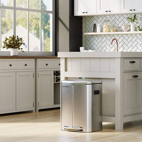 Rootz Trash Can - Waste Separation - 40 L - Pedal Bin - Metal - Handles - Softclose - Silver - 44.5 x 36 x 60 cm