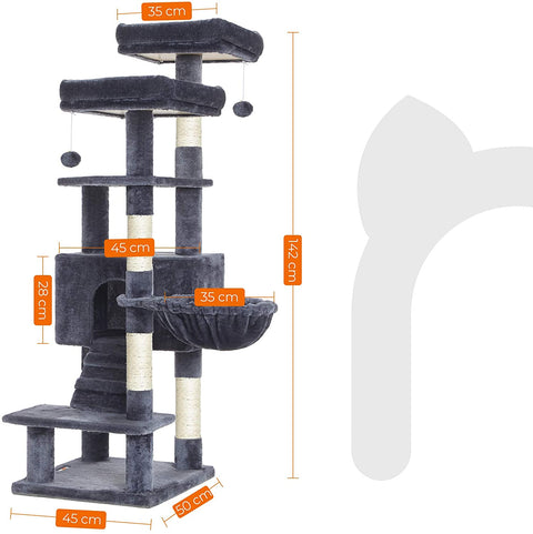 Rootz Scratching Post - Cat Tree - Hammock - Cave - Plush - Sisal - 6 Levels - Smoke Gray - 50 x 45 x 142 cm