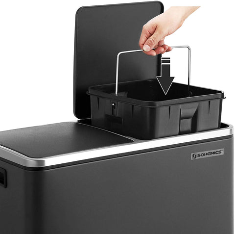 Rootz 48L Trash Can - Garbage Can - Pedal Bin - 2 Compartments - Soft Close - Inner Buckets - Foot Pedals - Handles - Black