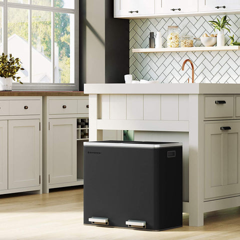 Rootz 48L Trash Can - Garbage Can - Pedal Bin - 2 Compartments - Soft Close - Inner Buckets - Foot Pedals - Handles - Black