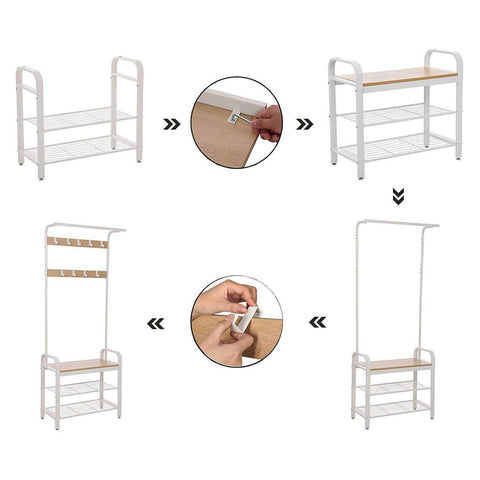 Rootz Standing Wardrobe Rack with Coat Rack - Shoe Rack and Bench - Vintage Industrial - Coat Racks - Beige / White - 72 x 33.7 x 183 cm