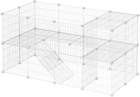 Rootz Animal Cage - Rabbit Hutch - Guinea Pig - 2 Floors - Metal Mesh - White - 143 x 73 x 71 cm