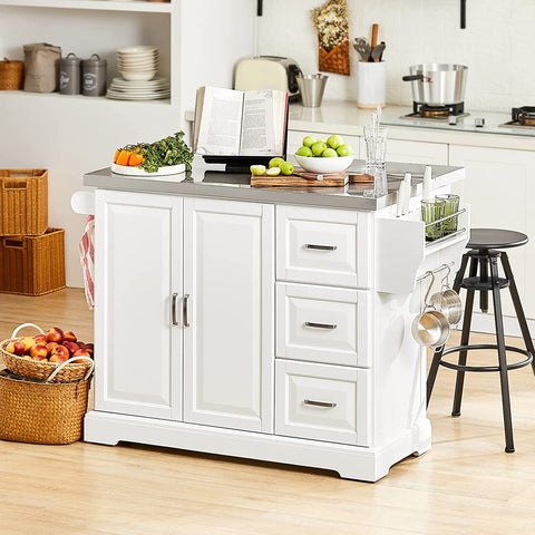 Rootz Extendable Kitchen Island - Cabinet Sideboard Kitchen - Storage Trolley with Stainless Steel Worktop